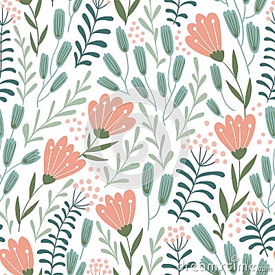 Seamless floral design with hand-drawn wild flowers. Repeated pattern vector illustration. Vector Illustration